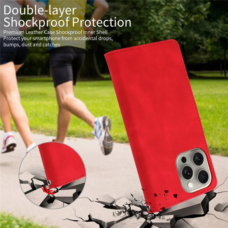 Til iPhone 16 Pro Case RFID-blokerende wallet ståleder flip telefonbeskyttelse med tynd stropløsning - Rød