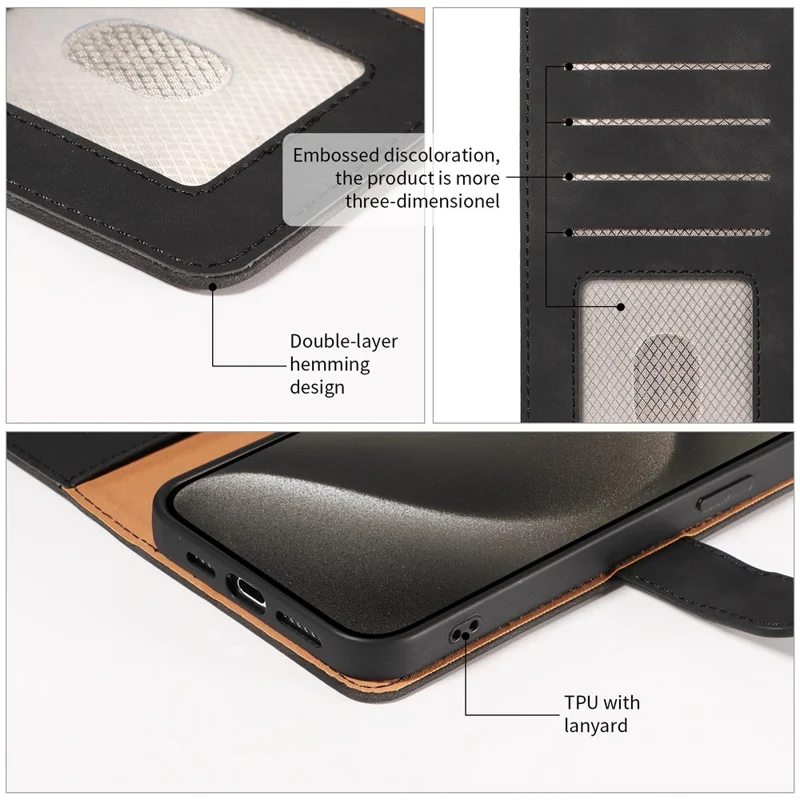 For iPhone 16 Pro Case RFID Blocking Wallet Stand Leather Flip Phone Cover with Slim Strap - Black