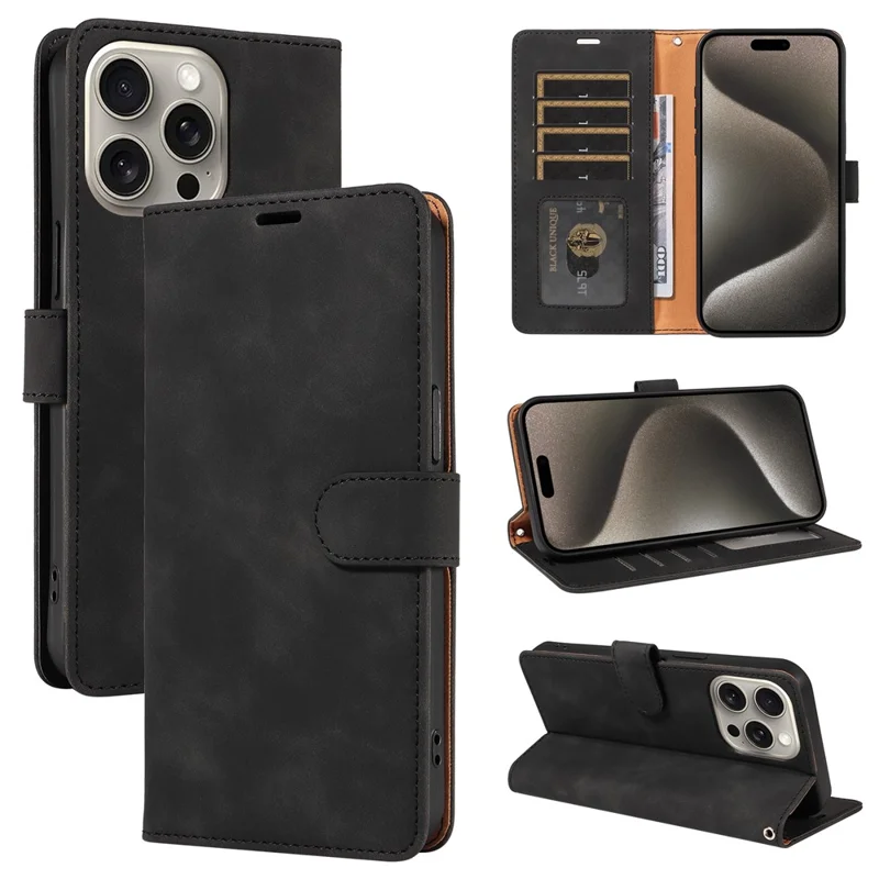 For iPhone 16 Pro Case RFID Blocking Wallet Stand Leather Flip Phone Cover with Slim Strap - Black