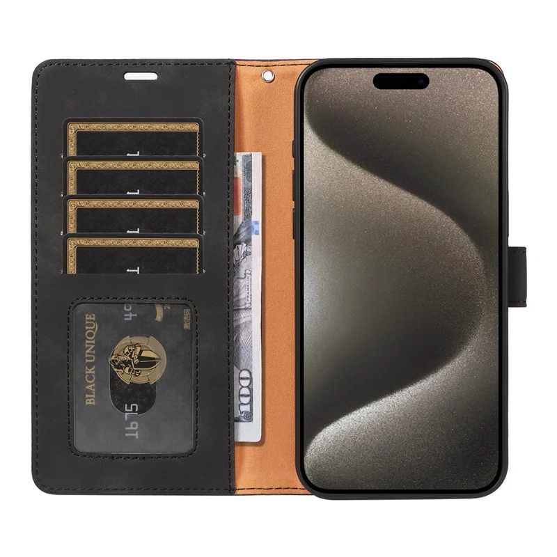 For iPhone 16 Pro Case RFID Blocking Wallet Stand Leather Flip Phone Cover with Slim Strap - Black