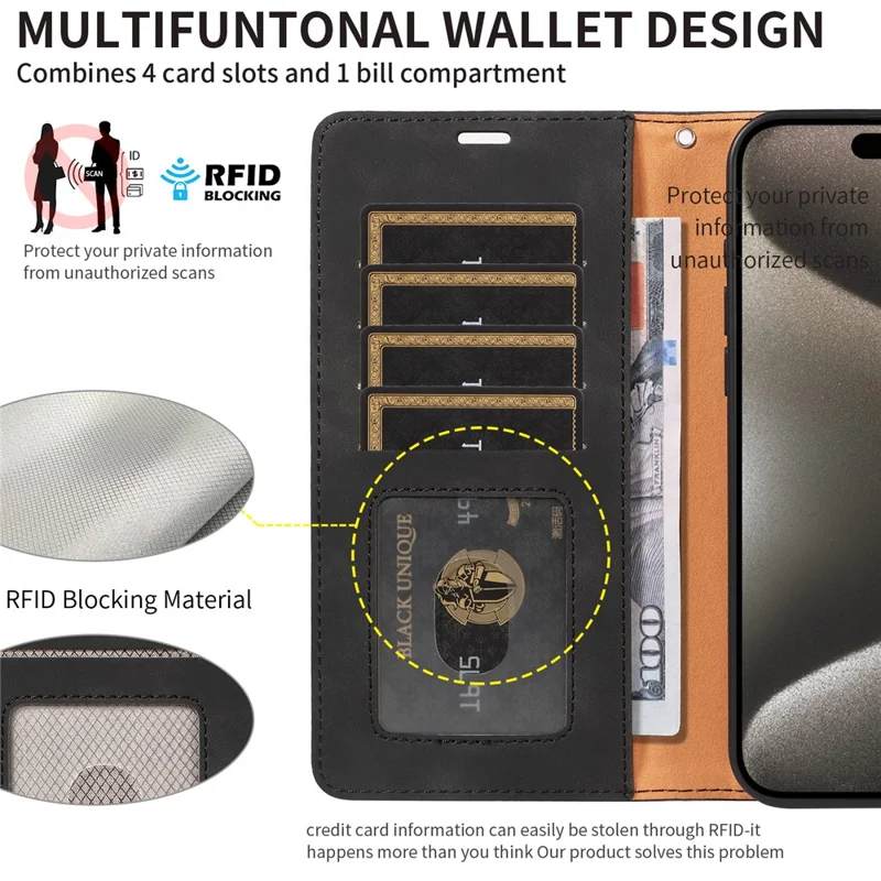 For iPhone 16 Pro Case RFID Blocking Wallet Stand Leather Flip Phone Cover with Slim Strap - Black