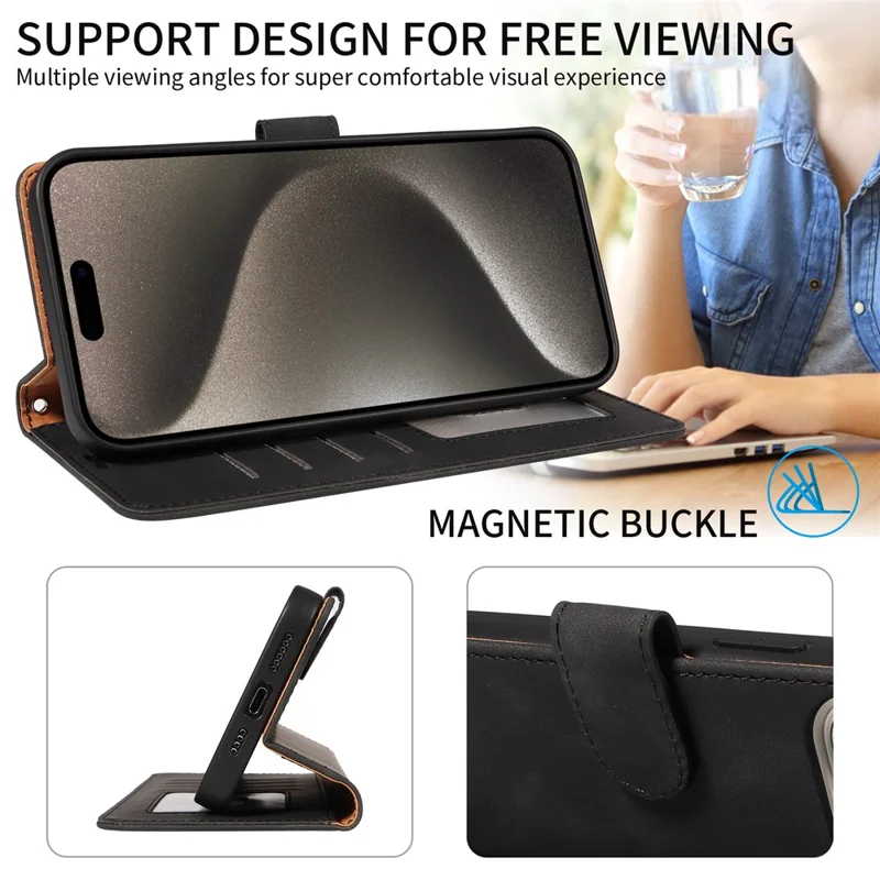 For iPhone 16 Pro Case RFID Blocking Wallet Stand Leather Flip Phone Cover with Slim Strap - Black
