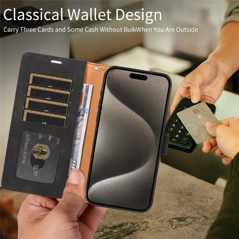 For iPhone 16 Pro Case RFID Blocking Wallet Stand Leather Flip Phone Cover with Slim Strap - Black