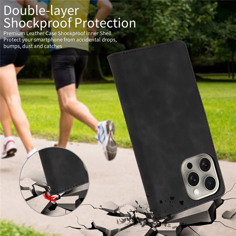 For iPhone 16 Pro Case RFID Blocking Wallet Stand Leather Flip Phone Cover with Slim Strap - Black