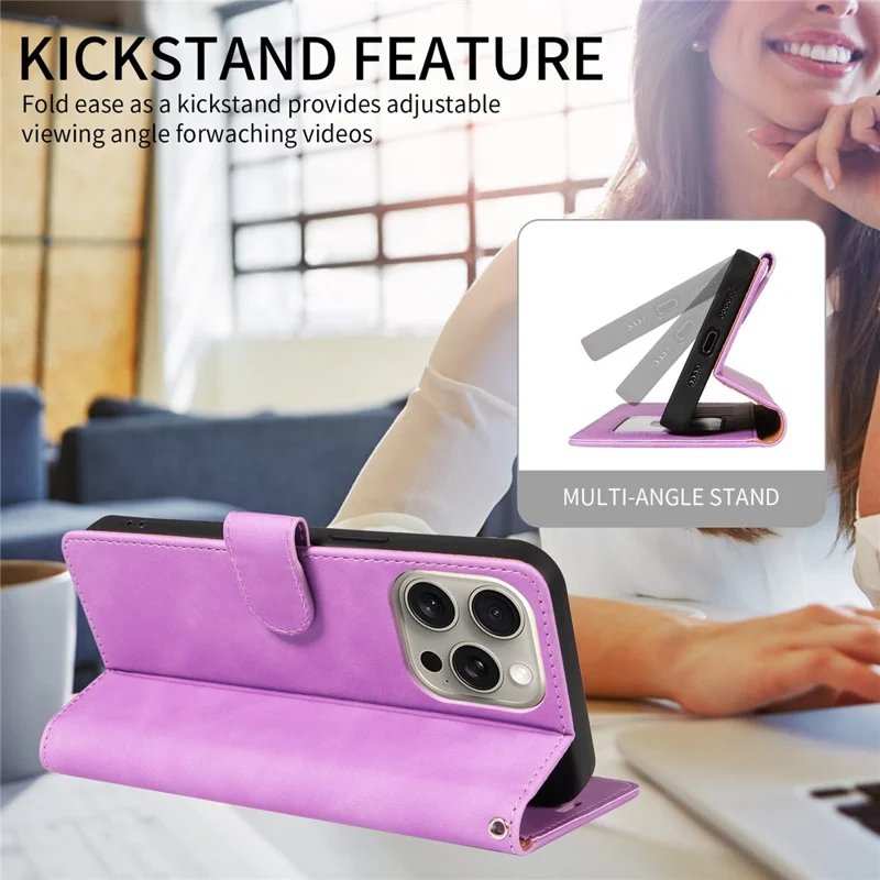 For iPhone 15 Pro Case RFID Blocking Wallet Stand Leather Flip Phone Cover with Slim Strap - Purple