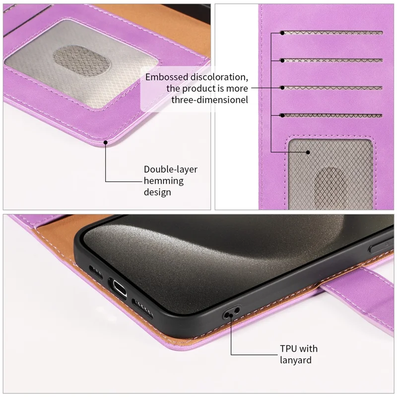 For iPhone 15 Pro Case RFID Blocking Wallet Stand Leather Flip Phone Cover with Slim Strap - Purple