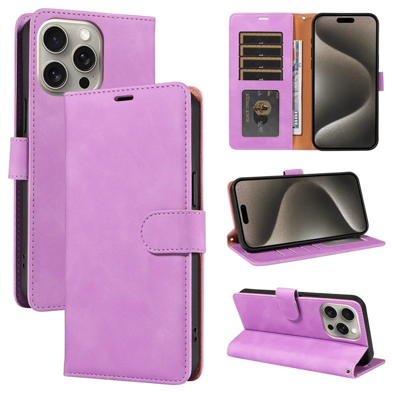 For iPhone 15 Pro Case RFID Blocking Wallet Stand Leather Flip Phone Cover with Slim Strap - Purple
