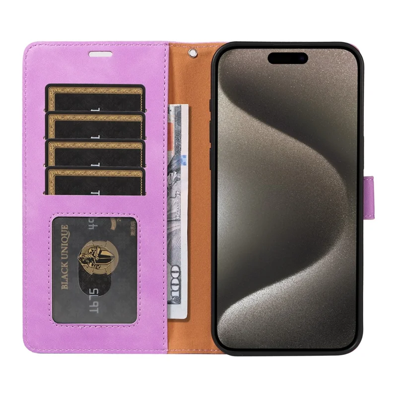 For iPhone 15 Pro Case RFID Blocking Wallet Stand Leather Flip Phone Cover with Slim Strap - Purple