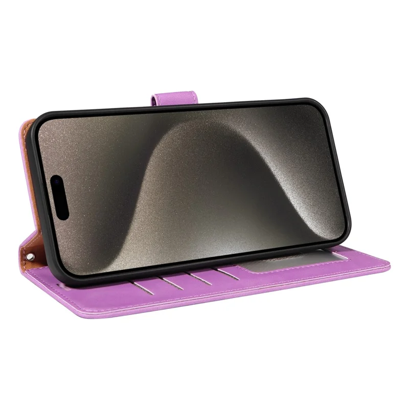 For iPhone 15 Pro Case RFID Blocking Wallet Stand Leather Flip Phone Cover with Slim Strap - Purple