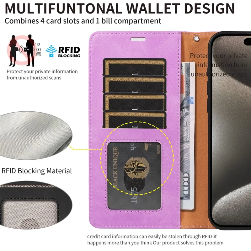 For iPhone 15 Pro Case RFID Blocking Wallet Stand Leather Flip Phone Cover with Slim Strap - Purple