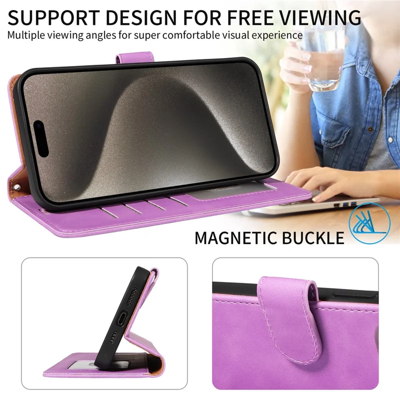 For iPhone 15 Pro Case RFID Blocking Wallet Stand Leather Flip Phone Cover with Slim Strap - Purple