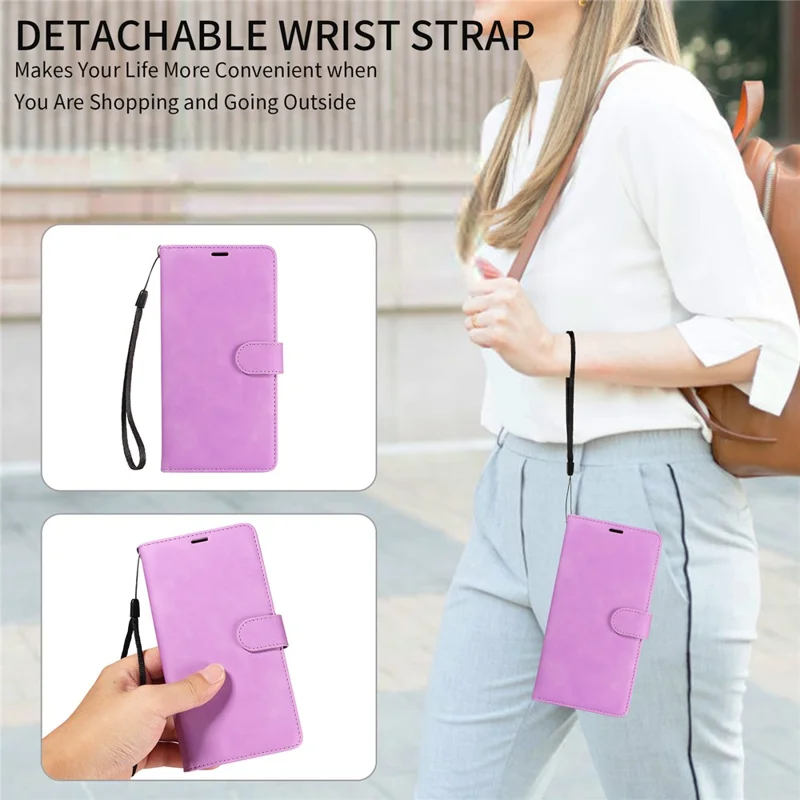 For iPhone 15 Pro Case RFID Blocking Wallet Stand Leather Flip Phone Cover with Slim Strap - Purple