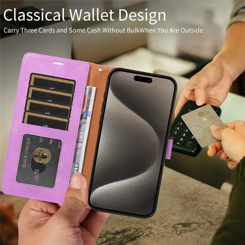 For iPhone 15 Pro Case RFID Blocking Wallet Stand Leather Flip Phone Cover with Slim Strap - Purple
