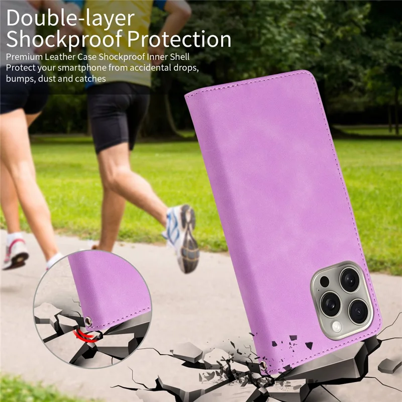 For iPhone 15 Pro Case RFID Blocking Wallet Stand Leather Flip Phone Cover with Slim Strap - Purple