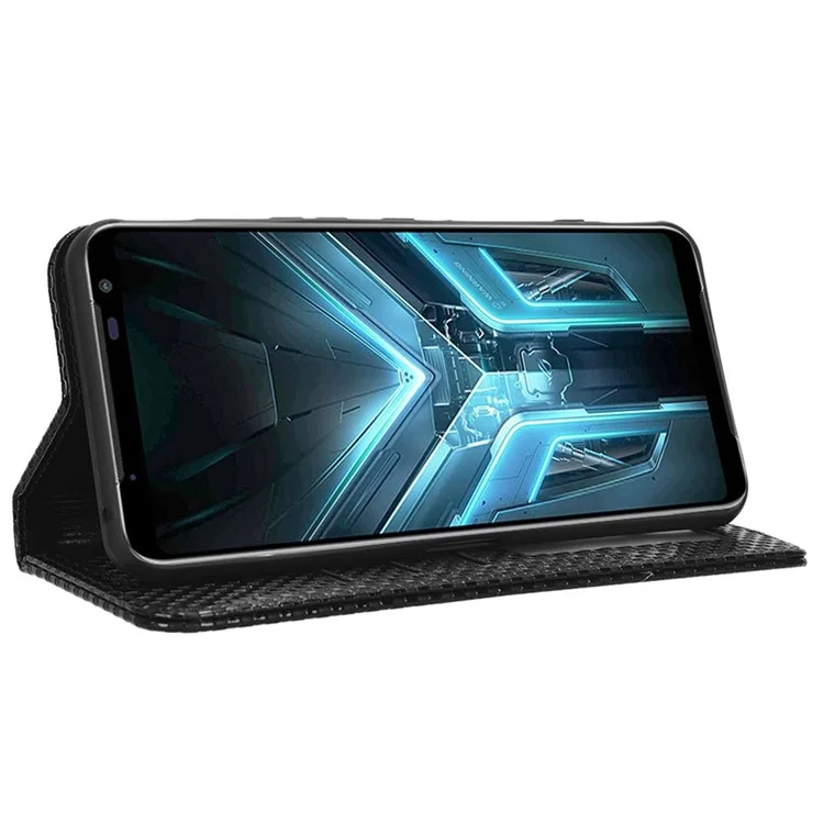 Per Asus Rog Phone 3 Strix / ROG Telefono 3 ZS661KS Grid Tetture PU Peth Magnetic Auto-asorbato Custodia Con Supporto Per il Portafoglio - Nero