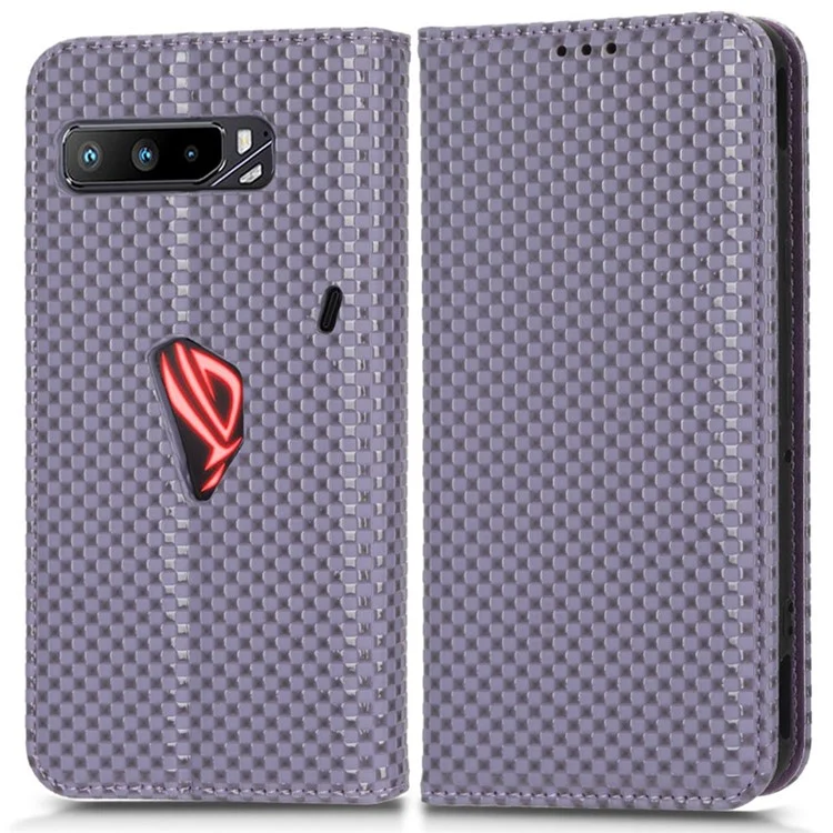 Para Asus ROG Phone 3 Strix / ROG Phone 3 ZS661KS Cubierta de teléfono con textura de rejilla PU Leather Magnetic Auto-absorbida con soporte para billetera - Light Purple