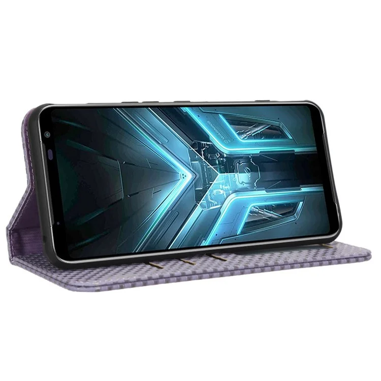 Para Asus ROG Phone 3 Strix / ROG Phone 3 ZS661KS Cubierta de teléfono con textura de rejilla PU Leather Magnetic Auto-absorbida con soporte para billetera - Light Purple