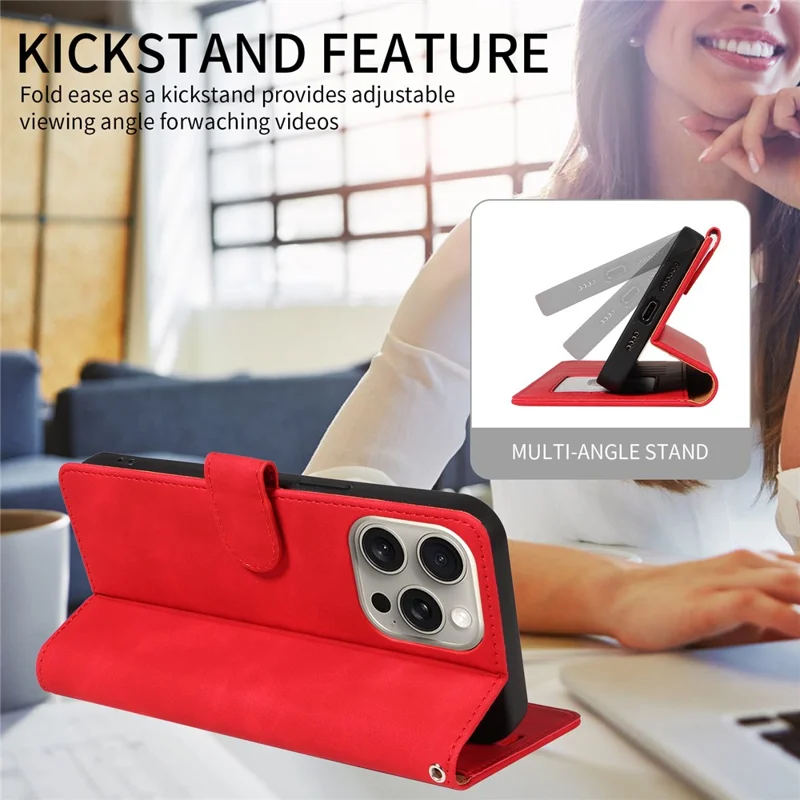 For iPhone 15 Pro Max Case RFID Blocking Wallet Stand Leather Flip Phone Cover with Slim Strap - Red