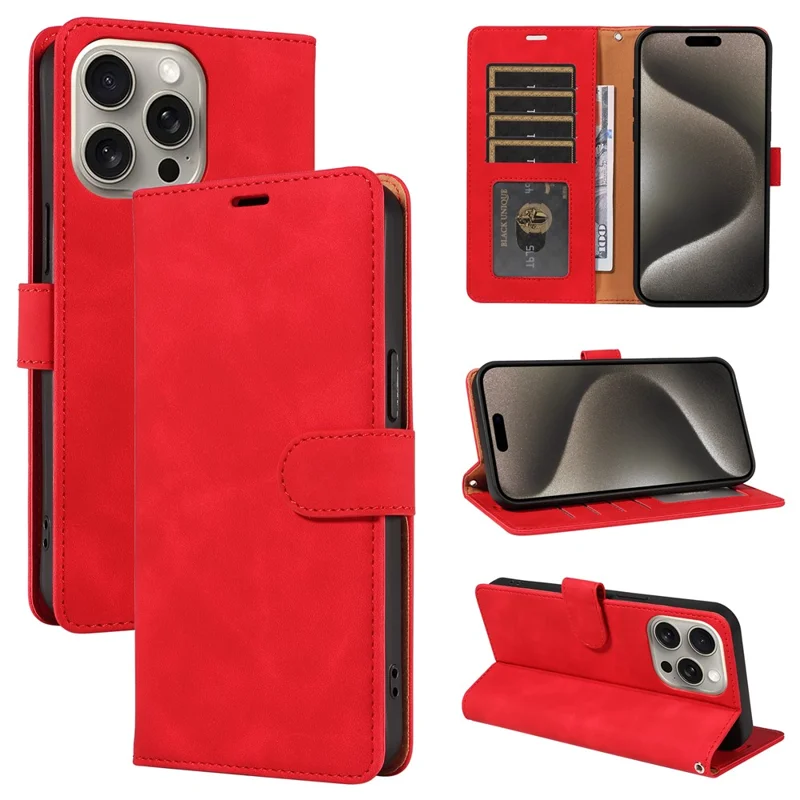 For iPhone 15 Pro Max Case RFID Blocking Wallet Stand Leather Flip Phone Cover with Slim Strap - Red