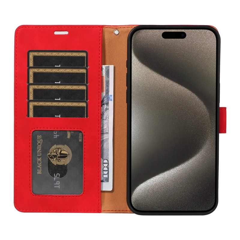 For iPhone 15 Pro Max Case RFID Blocking Wallet Stand Leather Flip Phone Cover with Slim Strap - Red