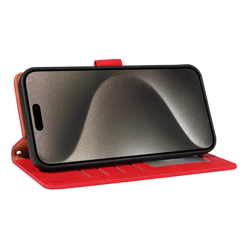 For iPhone 15 Pro Max Case RFID Blocking Wallet Stand Leather Flip Phone Cover with Slim Strap - Red