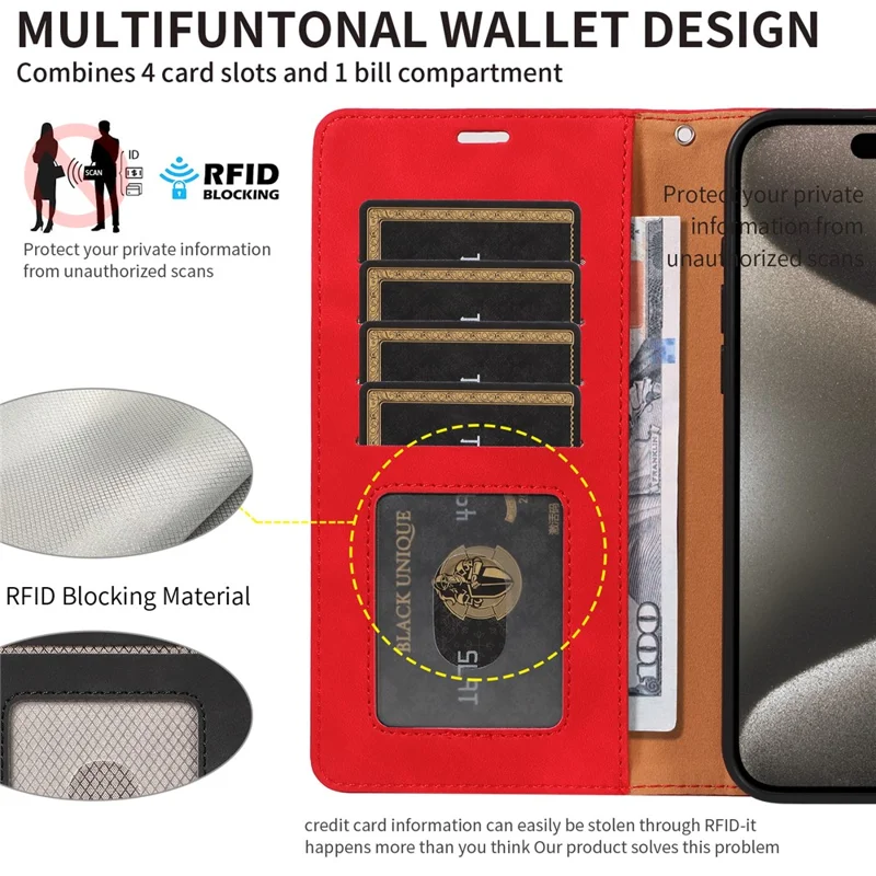 For iPhone 15 Pro Max Case RFID Blocking Wallet Stand Leather Flip Phone Cover with Slim Strap - Red