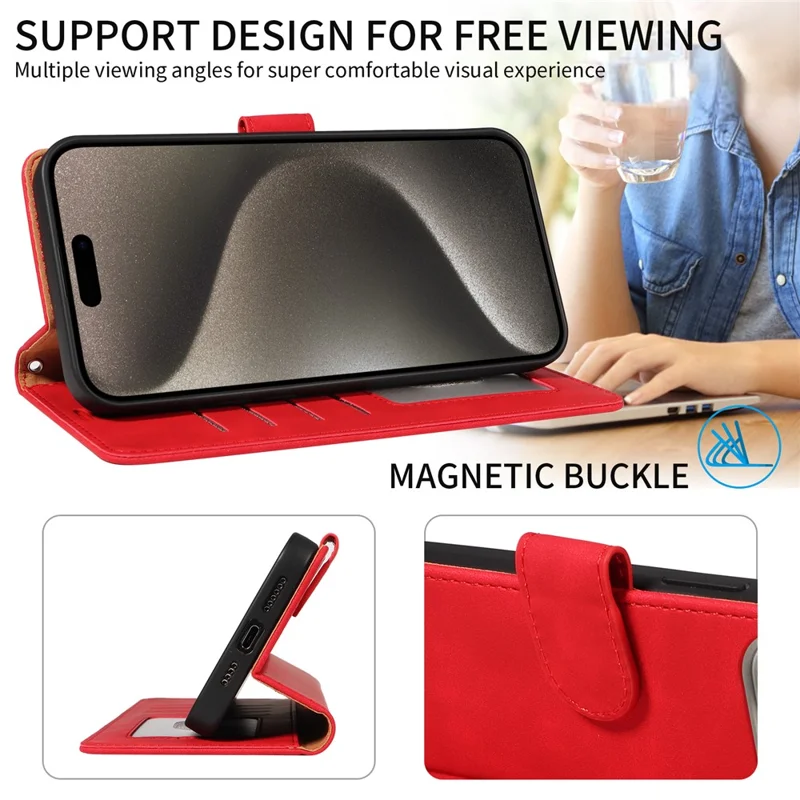 For iPhone 15 Pro Max Case RFID Blocking Wallet Stand Leather Flip Phone Cover with Slim Strap - Red