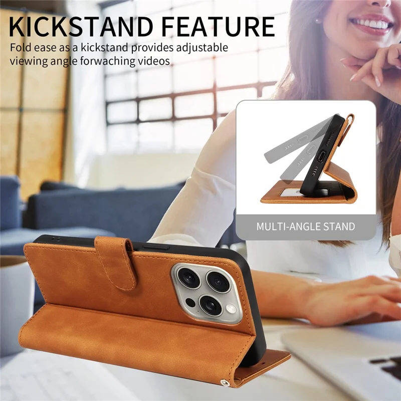 For iPhone 16 Pro Max Case RFID Blocking Wallet Stand Leather Flip Phone Cover with Slim Strap - Brown