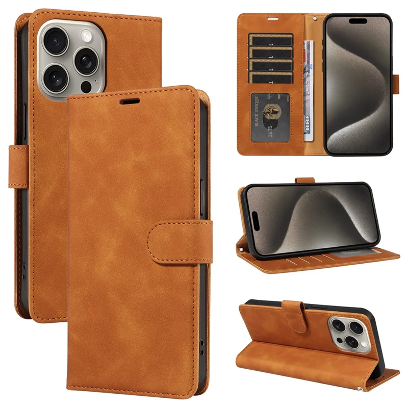 For iPhone 16 Pro Max Case RFID Blocking Wallet Stand Leather Flip Phone Cover with Slim Strap - Brown