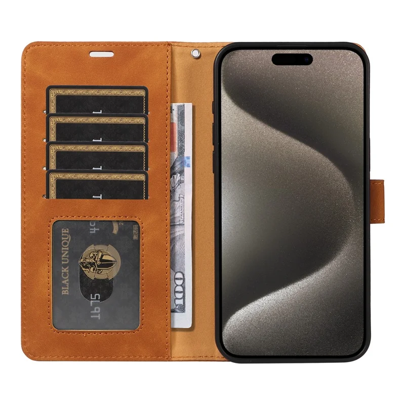 For iPhone 16 Pro Max Case RFID Blocking Wallet Stand Leather Flip Phone Cover with Slim Strap - Brown