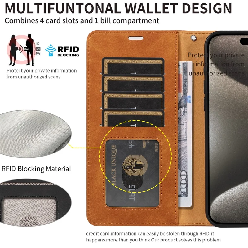 For iPhone 16 Pro Max Case RFID Blocking Wallet Stand Leather Flip Phone Cover with Slim Strap - Brown