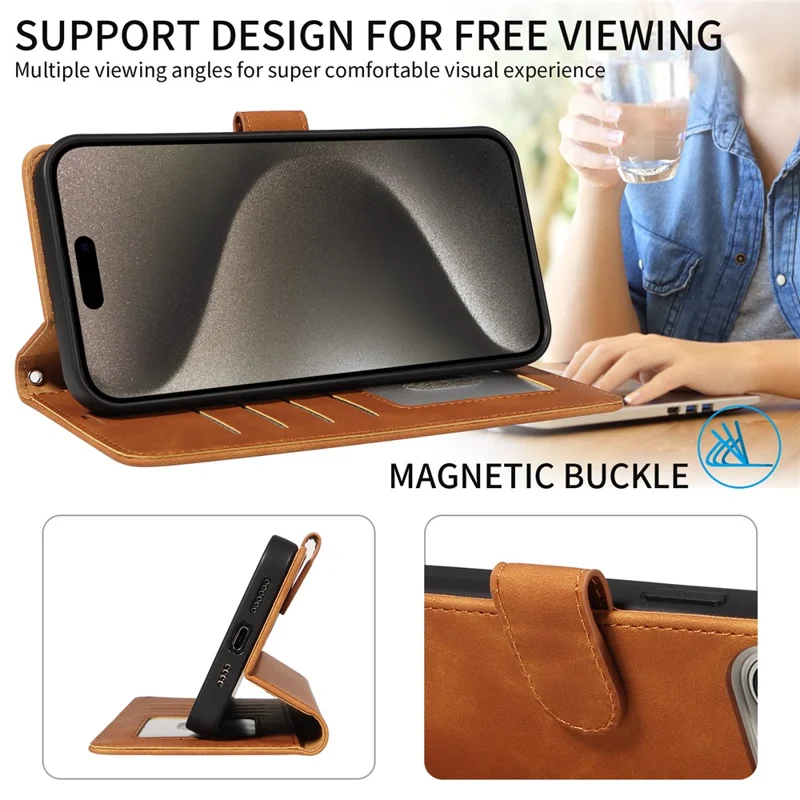 For iPhone 16 Pro Max Case RFID Blocking Wallet Stand Leather Flip Phone Cover with Slim Strap - Brown