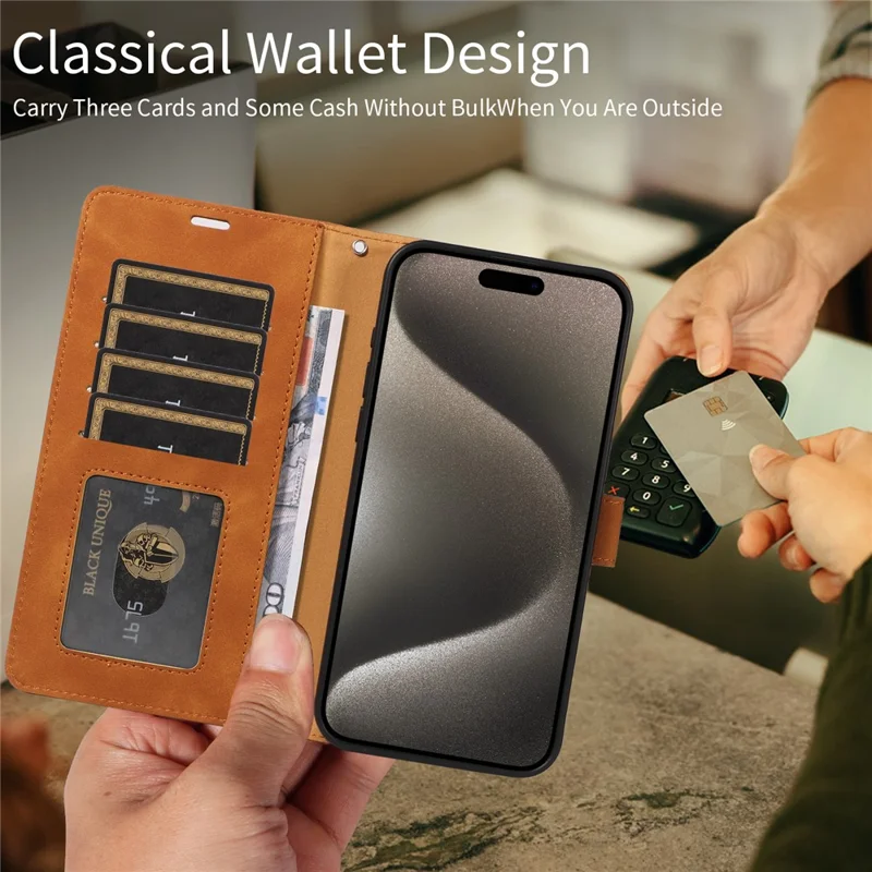 For iPhone 16 Pro Max Case RFID Blocking Wallet Stand Leather Flip Phone Cover with Slim Strap - Brown