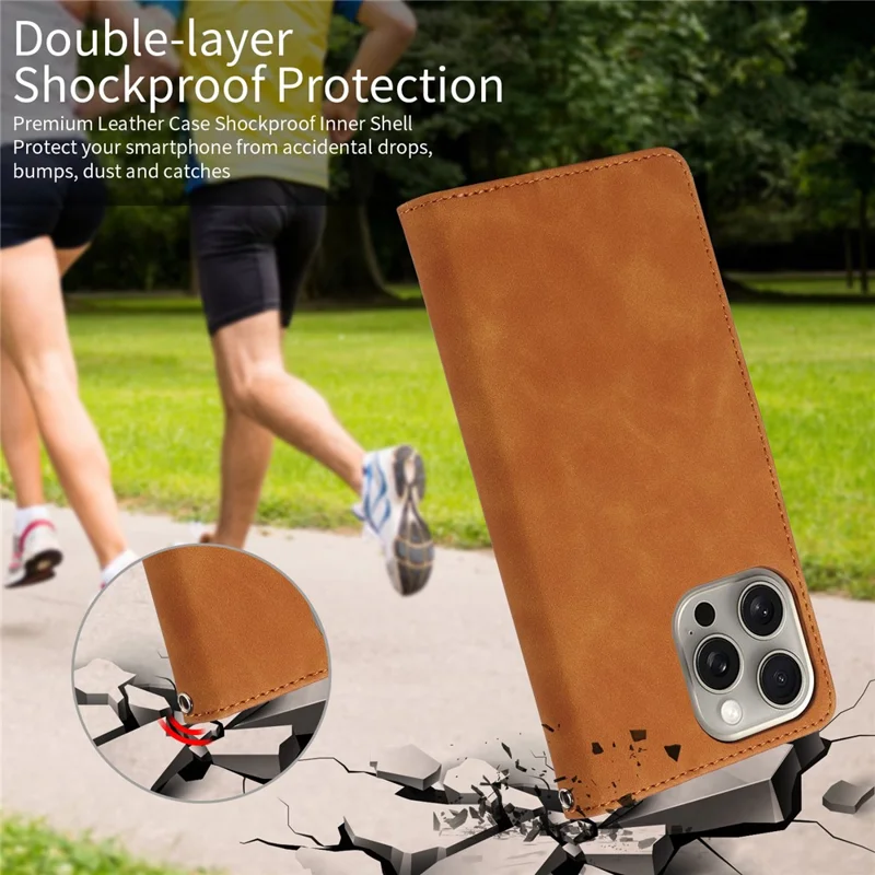 For iPhone 16 Pro Max Case RFID Blocking Wallet Stand Leather Flip Phone Cover with Slim Strap - Brown