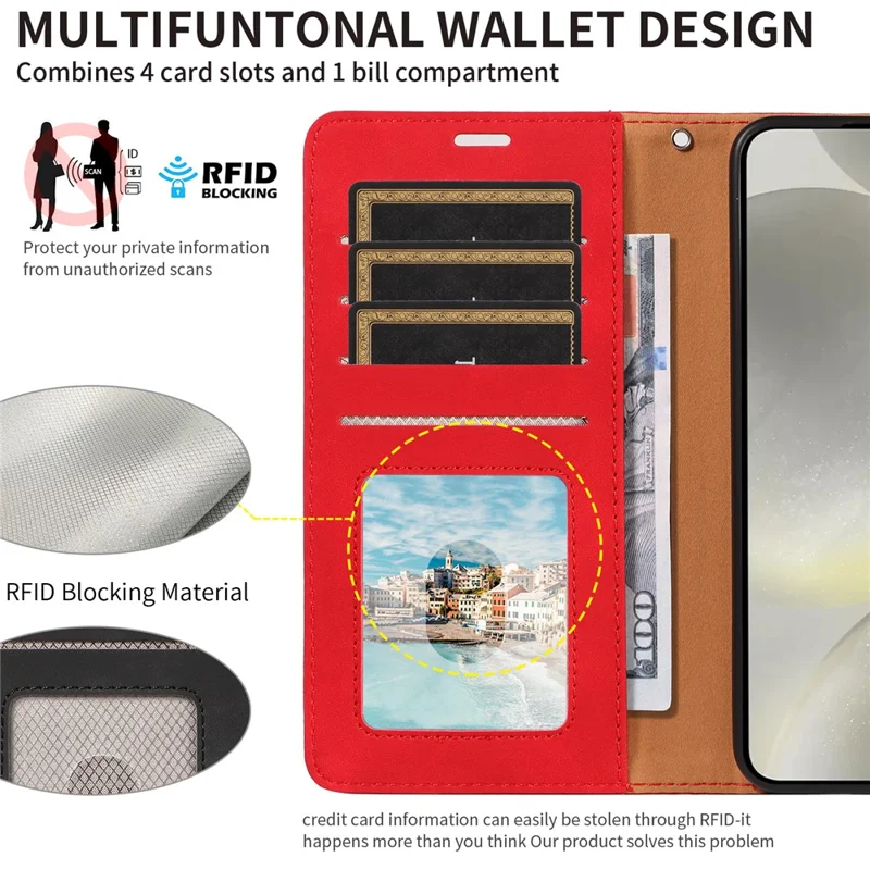 For Samsung Galaxy S24+ Case RFID Blocking Wallet Stand Leather Flip Phone Cover with Slim Strap - Red
