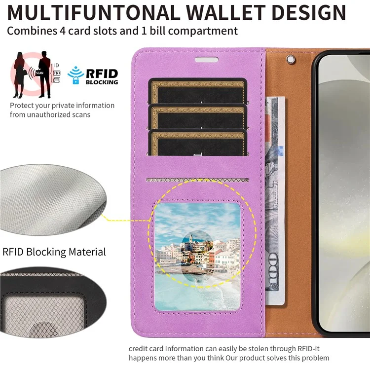 Für Samsung Galaxy S24 FE Hülle RFID-blockierendes Wallet-Stand-Leder-Flip-Handyhülle mit schmalem Riemen - Lila
