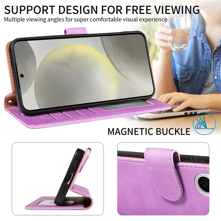 Für Samsung Galaxy S24 FE Hülle RFID-blockierendes Wallet-Stand-Leder-Flip-Handyhülle mit schmalem Riemen - Lila
