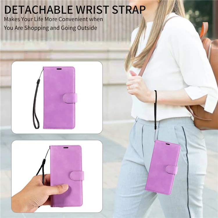 Für Samsung Galaxy S24 FE Hülle RFID-blockierendes Wallet-Stand-Leder-Flip-Handyhülle mit schmalem Riemen - Lila