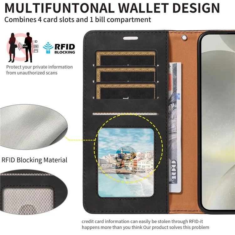 For Samsung Galaxy S23 FE Case RFID Blocking Wallet Stand Leather Flip Phone Cover with Slim Strap - Black