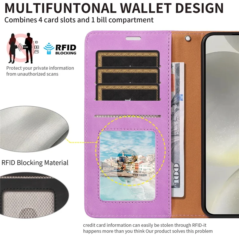 For Samsung Galaxy S23 FE Case RFID Blocking Wallet Stand Leather Flip Phone Cover with Slim Strap - Purple