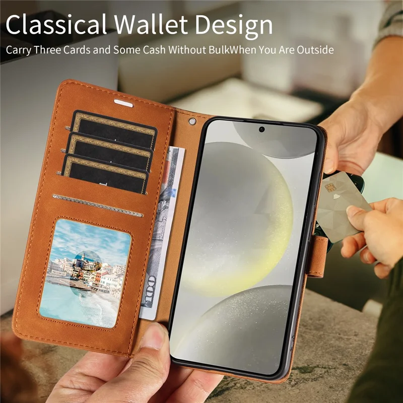 For Samsung Galaxy S24 Case RFID Blocking Wallet Stand Leather Flip Phone Cover with Slim Strap - Brown