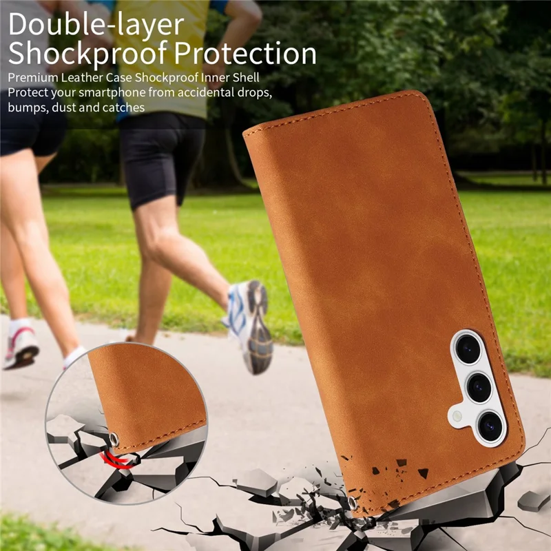 For Samsung Galaxy S24 Case RFID Blocking Wallet Stand Leather Flip Phone Cover with Slim Strap - Brown