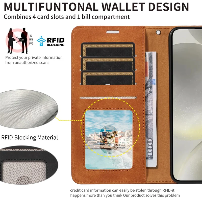 For Samsung Galaxy S24 Case RFID Blocking Wallet Stand Leather Flip Phone Cover with Slim Strap - Brown