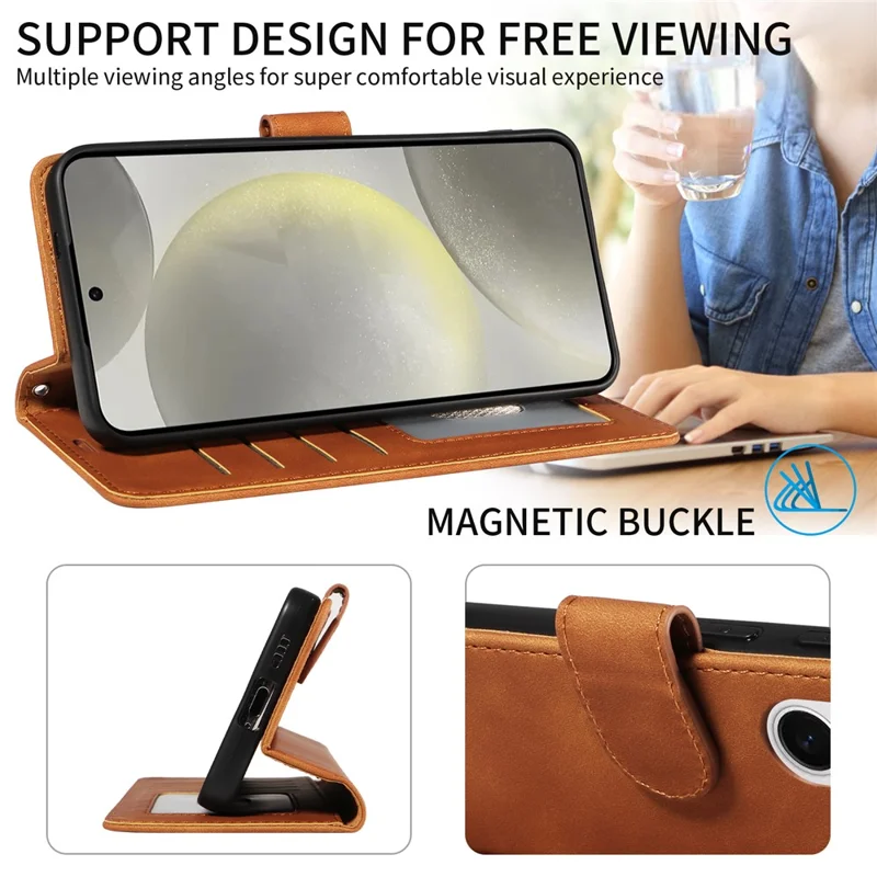 For Samsung Galaxy S24 Case RFID Blocking Wallet Stand Leather Flip Phone Cover with Slim Strap - Brown