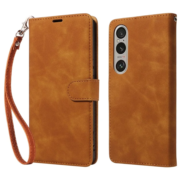 For Sony Xperia 1 VI Case with Thickened Strap RFID Blocking Wallet Stand Leather Flip Phone Cover - Brown