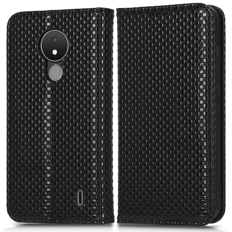 Phone Wallet Case For Nokia C21, Grid Texture Magnetic Auto-absorbed PU Leather Phone Cover Wear-resistant Phone Shell - Black