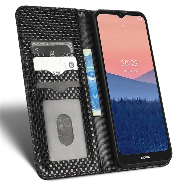 Phone Wallet Case For Nokia C21, Grid Texture Magnetic Auto-absorbed PU Leather Phone Cover Wear-resistant Phone Shell - Black