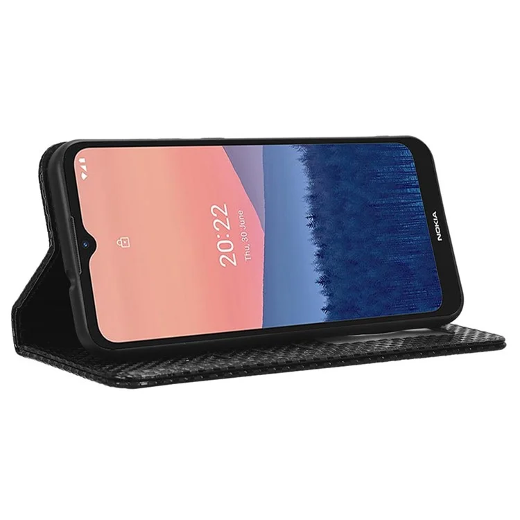 Phone Wallet Case For Nokia C21, Grid Texture Magnetic Auto-absorbed PU Leather Phone Cover Wear-resistant Phone Shell - Black
