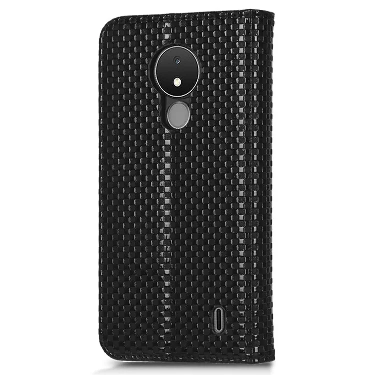 Phone Wallet Case For Nokia C21, Grid Texture Magnetic Auto-absorbed PU Leather Phone Cover Wear-resistant Phone Shell - Black