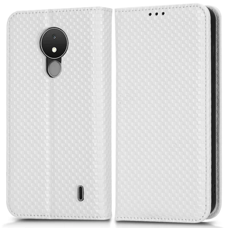 Phone Wallet Case For Nokia C21, Grid Texture Magnetic Auto-absorbed PU Leather Phone Cover Wear-resistant Phone Shell - White